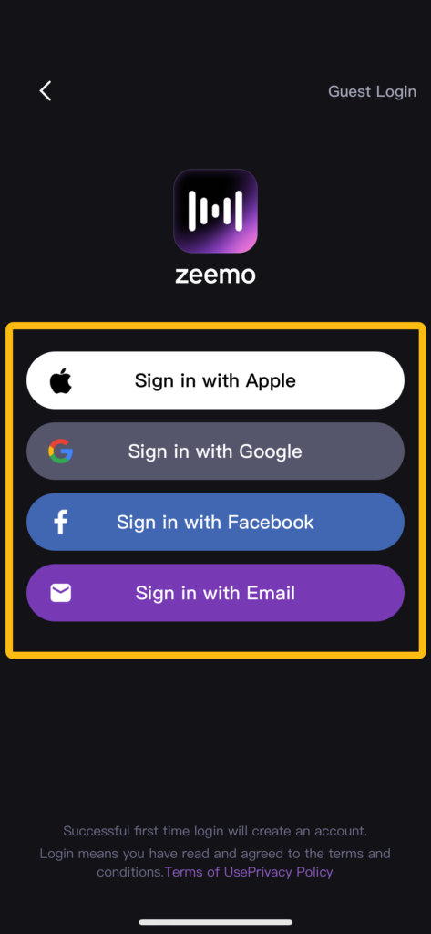 Zeemo APP login method, you can sign up and log in to Zeemo App via your Apple account, Google account, Facebook account, or email