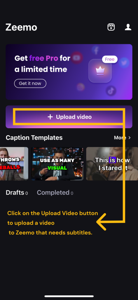 Click on the Upload Video button to upload a video to Zeemo that needs subtitles.