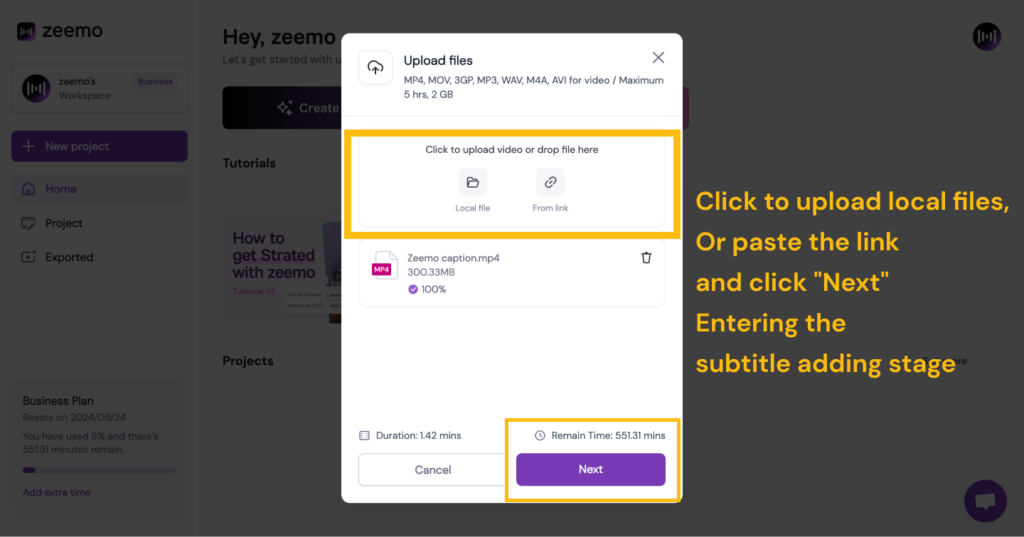 Subtitle videos by uploading or pasting a link to a video using Zeemo's web side