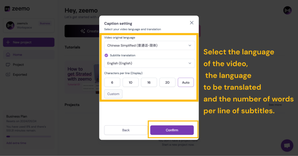 Select the language in which the subtitles should be added, the language in which they should be translated, and the number of words per line of subtitles.