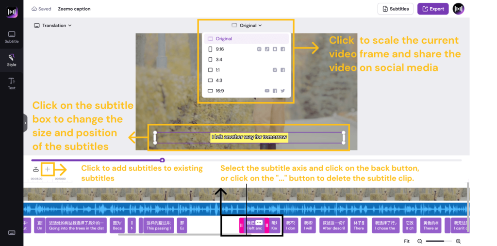 How to change subtitle size, frame ratio and delete and add subtitle in the workspace of Zeemo web