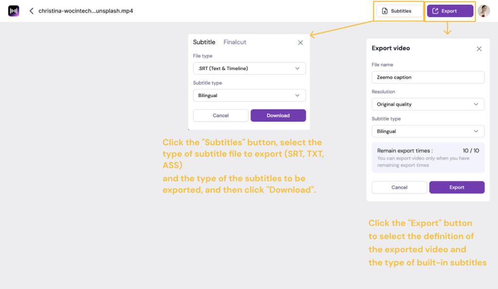 How to use Zeemo to export subtitles individually and videos with subtitles on the web side.