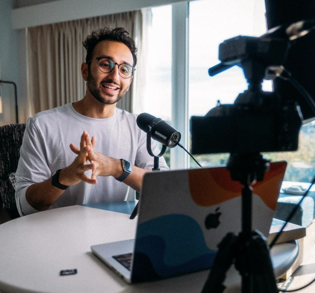 Ali Abdaal uses professional equipment to shoot videos and share them on social media