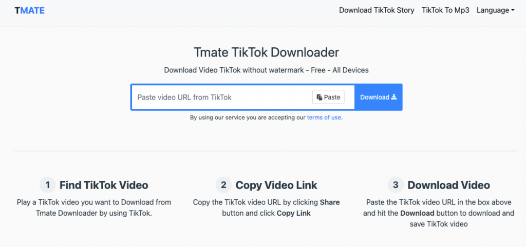 Tmate's TikTok Video Downloader Homepage