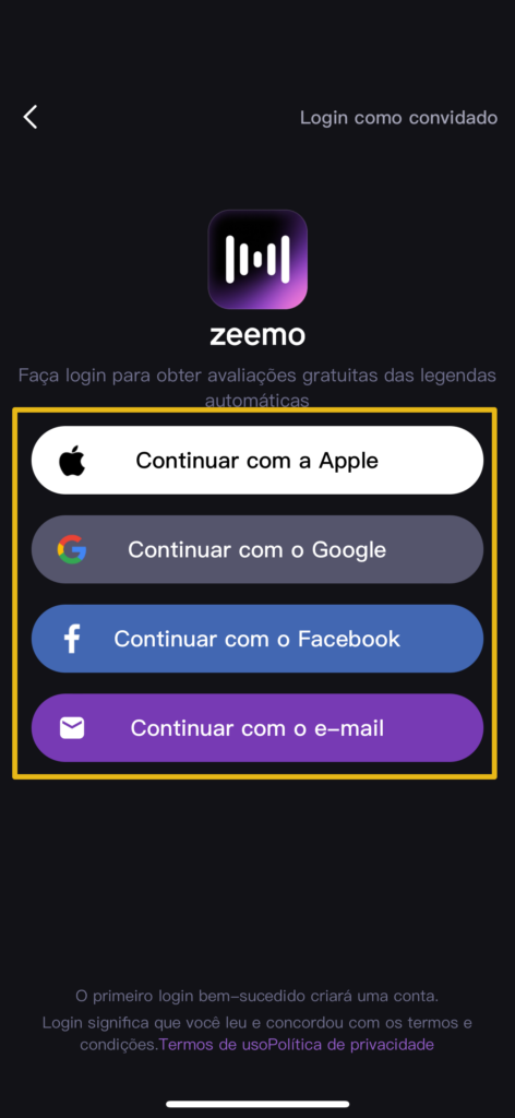 Método de login do Zeemo APP, você pode se inscrever e fazer login no Zeemo App por meio de sua conta da Apple, conta do Google, conta do Facebook ou e-mail