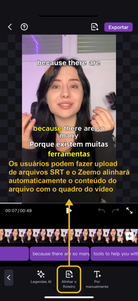 Os usuários podem fazer upload de arquivos SRT e o Zeemo alinhará automaticamente o conteúdo do arquivo com o quadro do vídeo