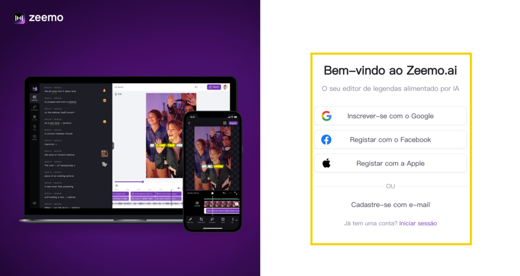 Os usuários podem se registrar e fazer login no Zeemo por meio do Google, Facebook, conta da Apple ou outra conta de e-mail