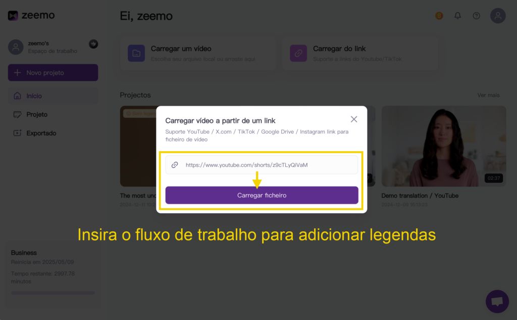 Insira o fluxo de trabalho para colocar legendas