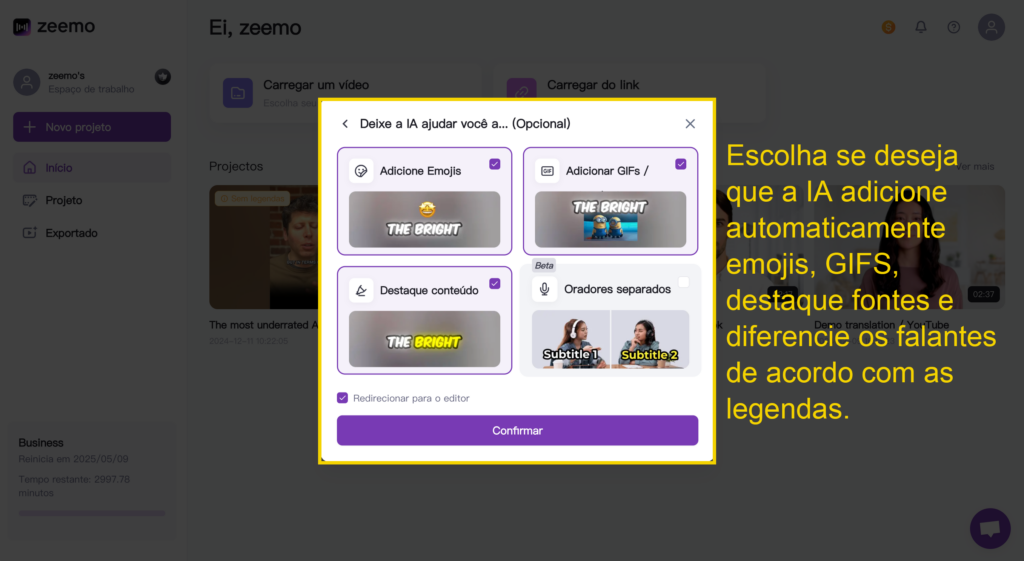 Escolha se deseja que a IA adicione automaticamente emojis, GIFS, destaque fontes e diferencie os falantes de acordo com as legendas.