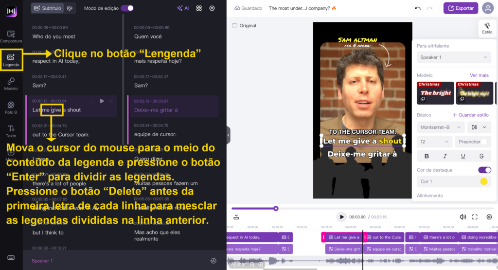 Detalhes de divisão de legendas, mesclagem e outras operações para adicionar legendas no lado da Web do Zemmo