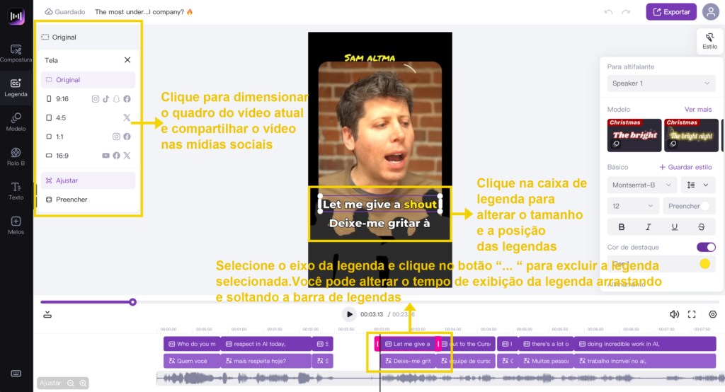 Como alterar o tamanho da legenda, a proporção do quadro e excluir e adicionar legendas no espaço de trabalho do Zeemo Web