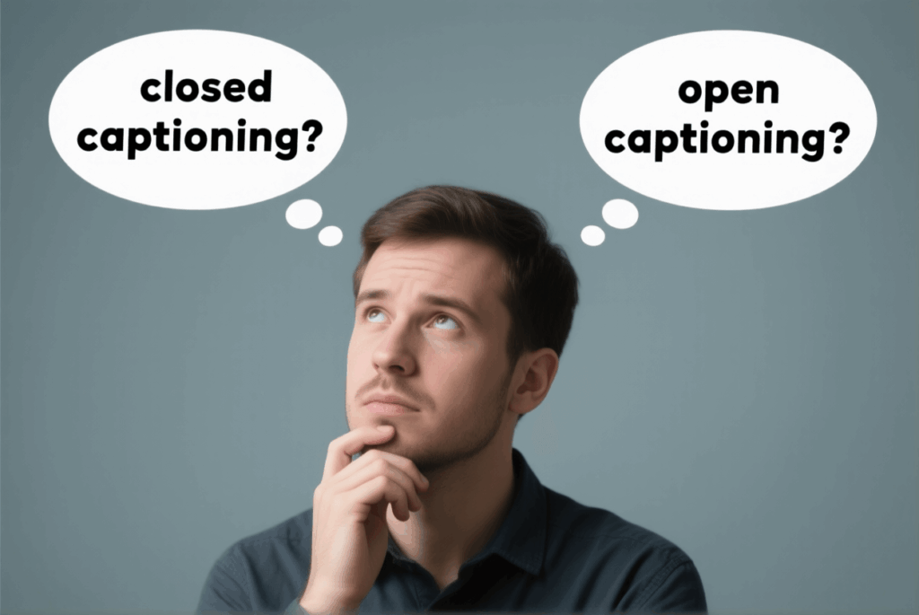 A man is confused about the difference between closed captions and open captions.