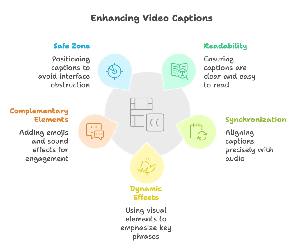 A summary diagram of five tips for using video captions