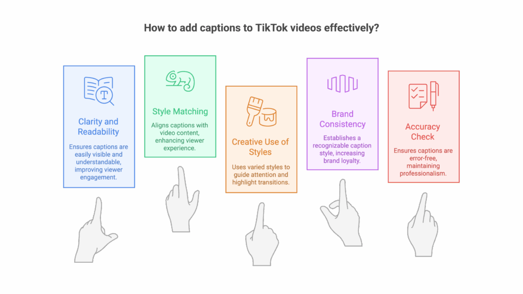 Key points summary infographic for adding captions to TikTok videos