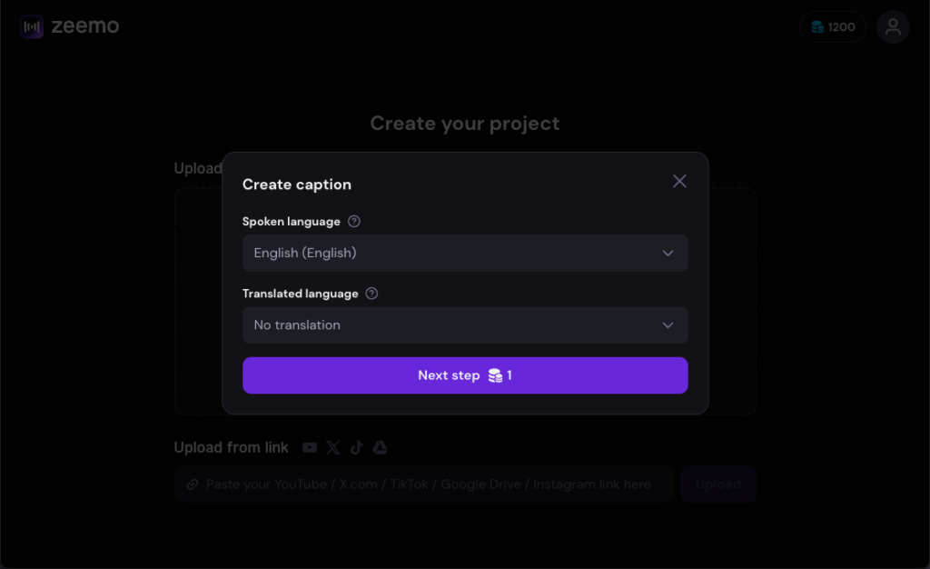 Zeemo interface for selecting the source language and translation language