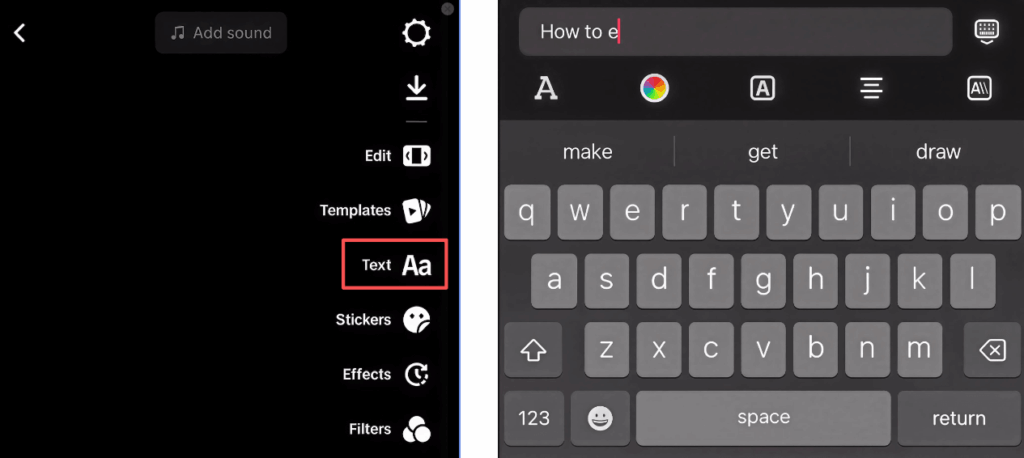 Entry button for the Text feature on TikTok and the interface for entering captions