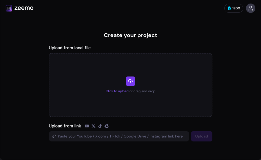 Zeemo interface for uploading videos or pasting links