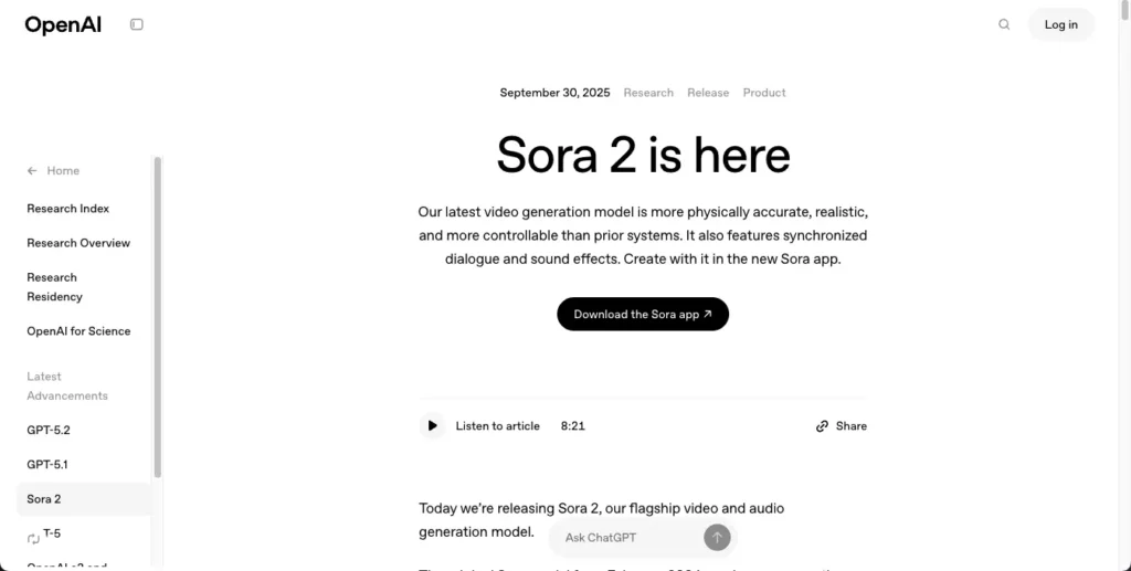 Sora 2's official introduction page