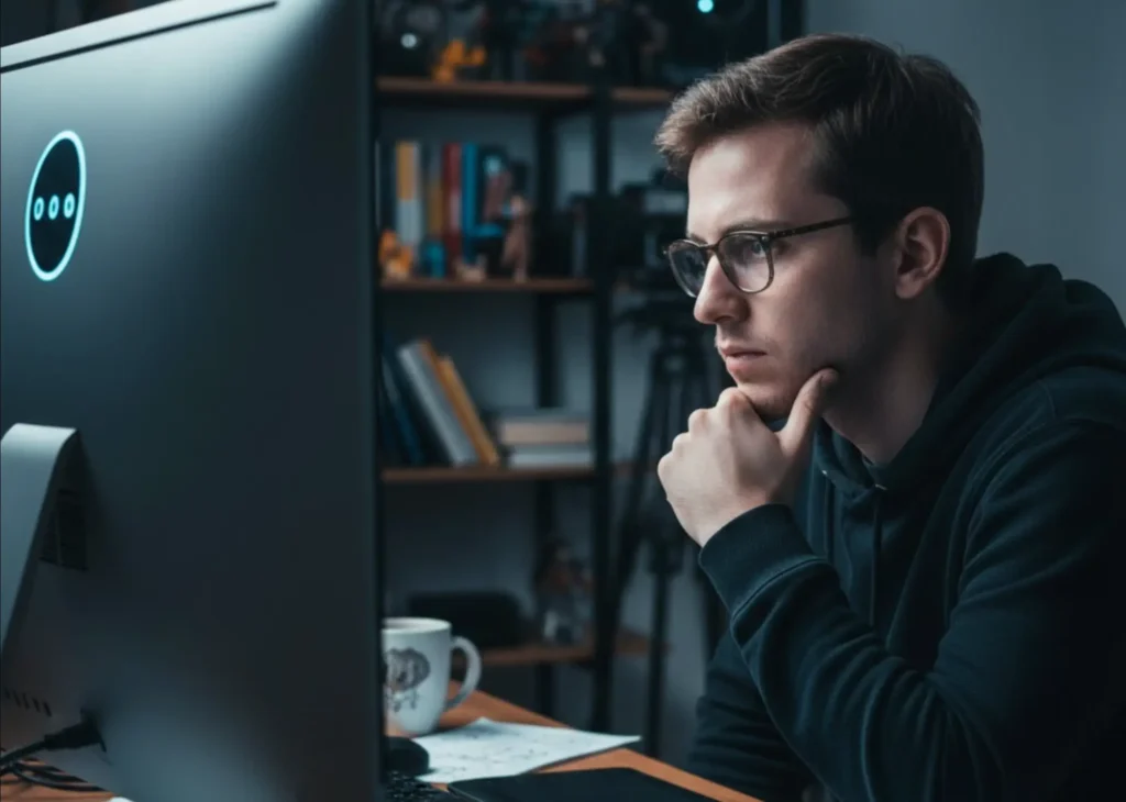 A man creating AI video independently in front of a computer