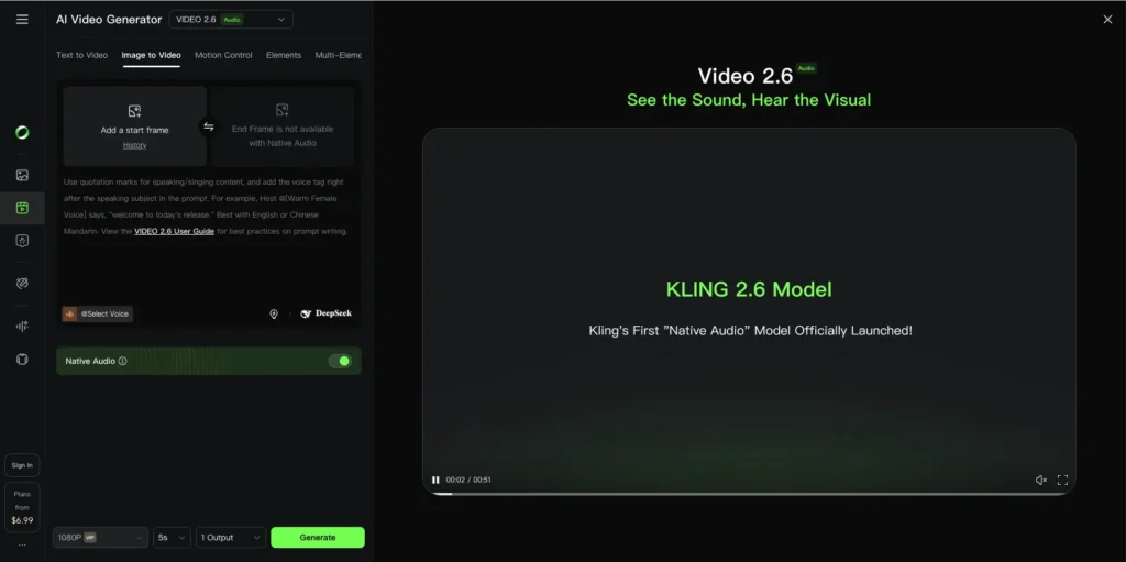 Kling 2.6's AI video generator interface