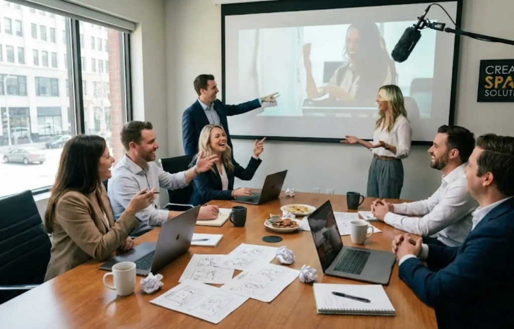 Colleagues discussing the advertising video in the meeting room